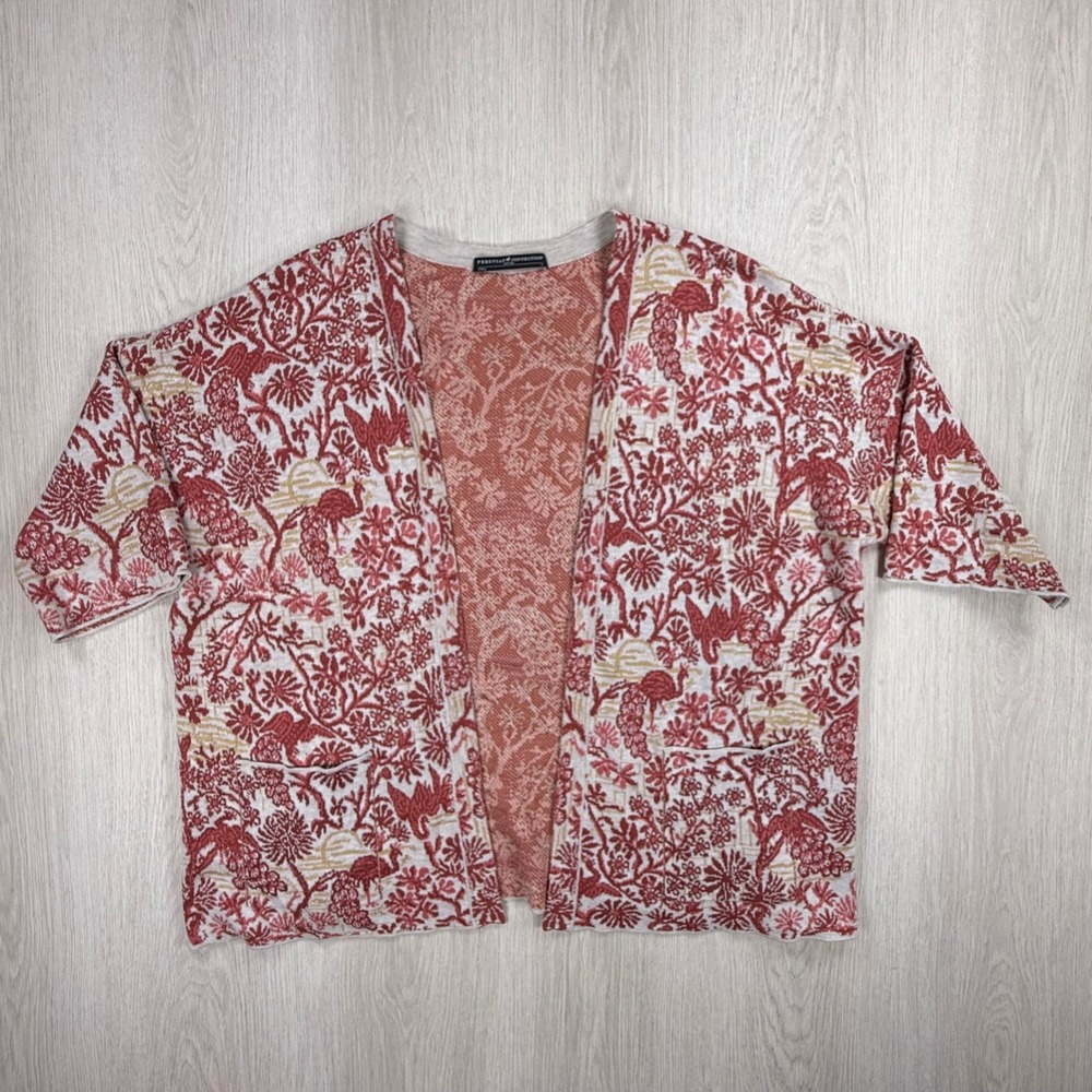 Cardigan Peruvian Connection Womens L Red Pima Cotton Floral Bird Jacquard Knit